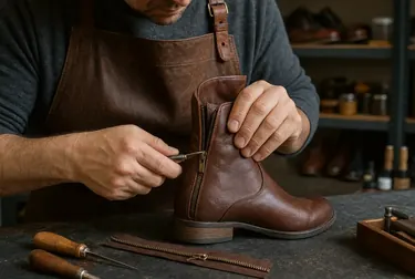 Sapateiro consertando zíper de bota.