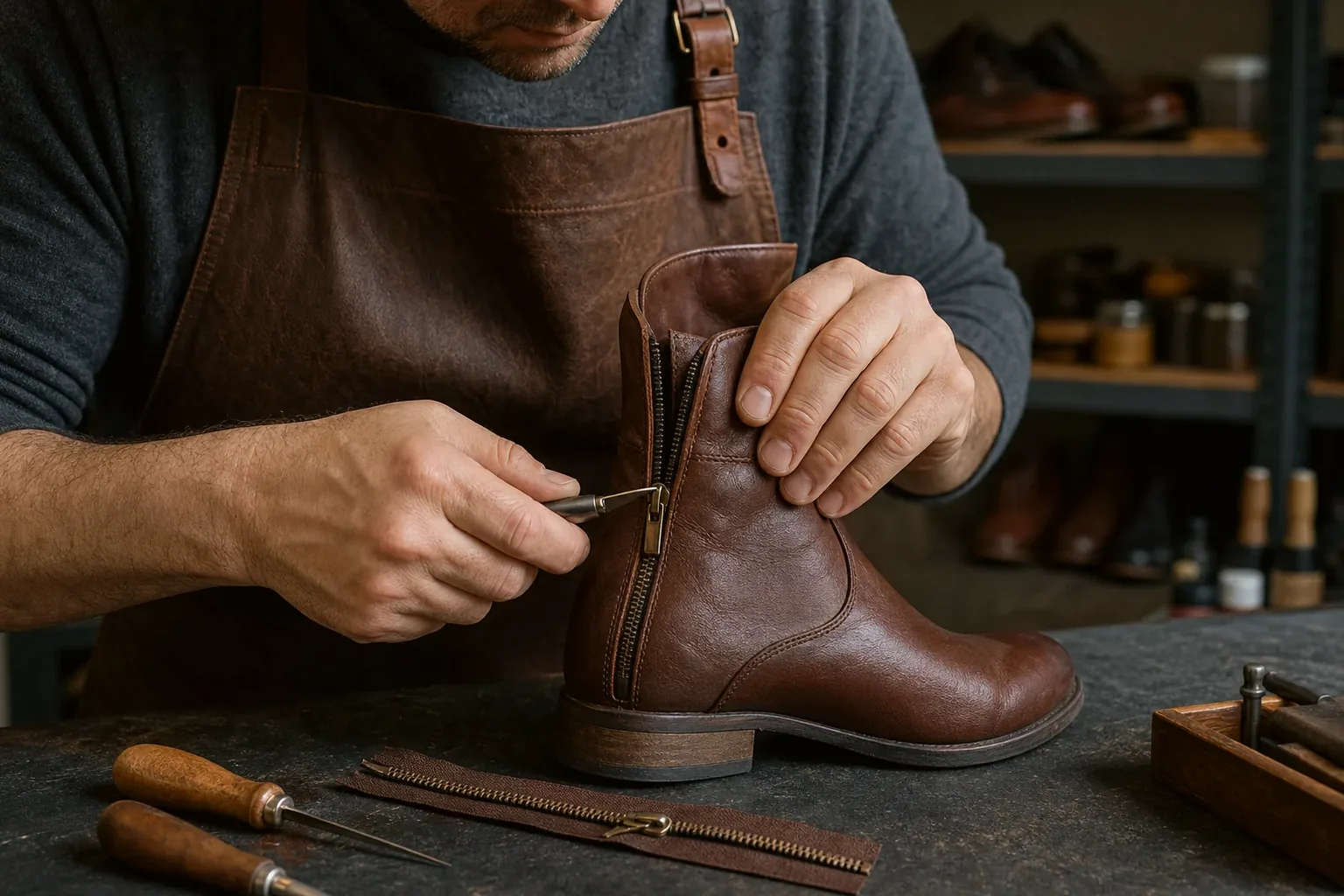 Sapateiro consertando zíper de bota.