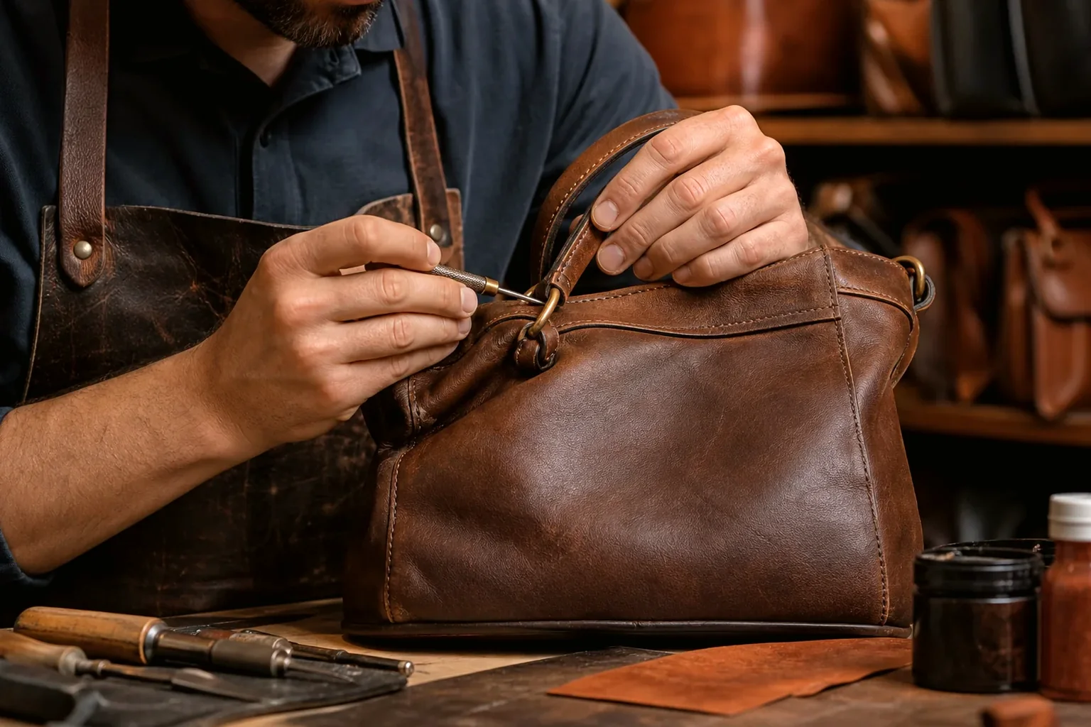 Sapateiro reformando bolsa de couro.